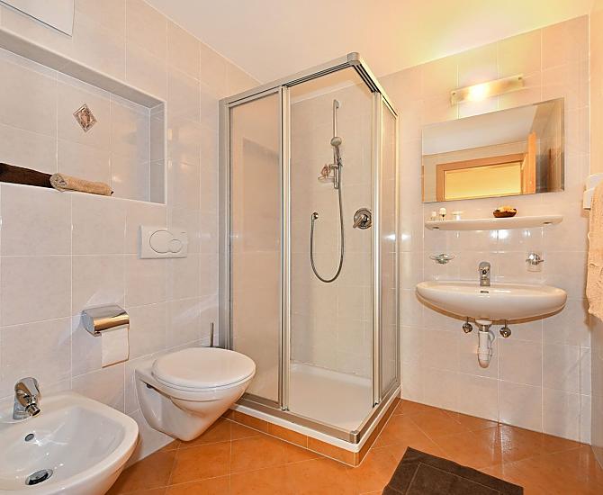 Dusche mit Föhn und Kosmetikspiegel.