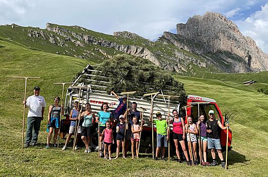 Wielu pracowitych pomocników podczas sianokosów na hali Seceda Alm